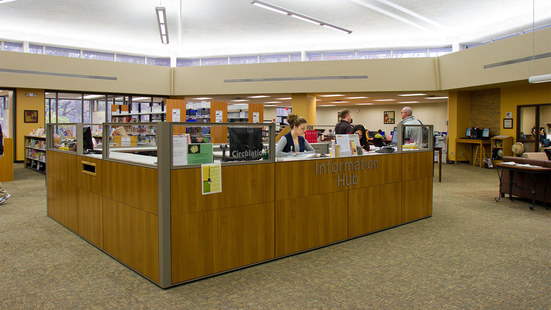 Circulation desk in the Fred L. Mathews Library