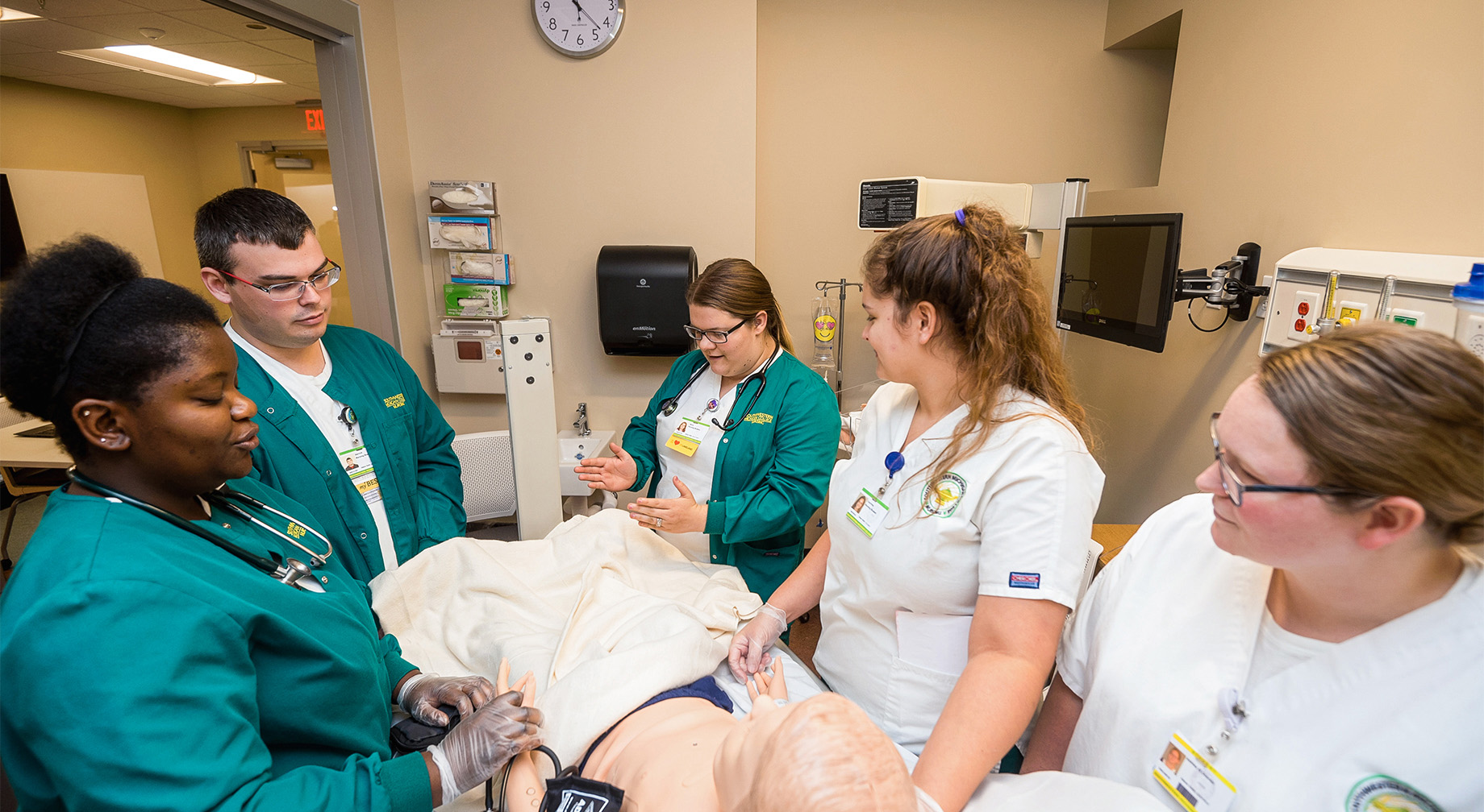 Nursing students in the simulation lab.