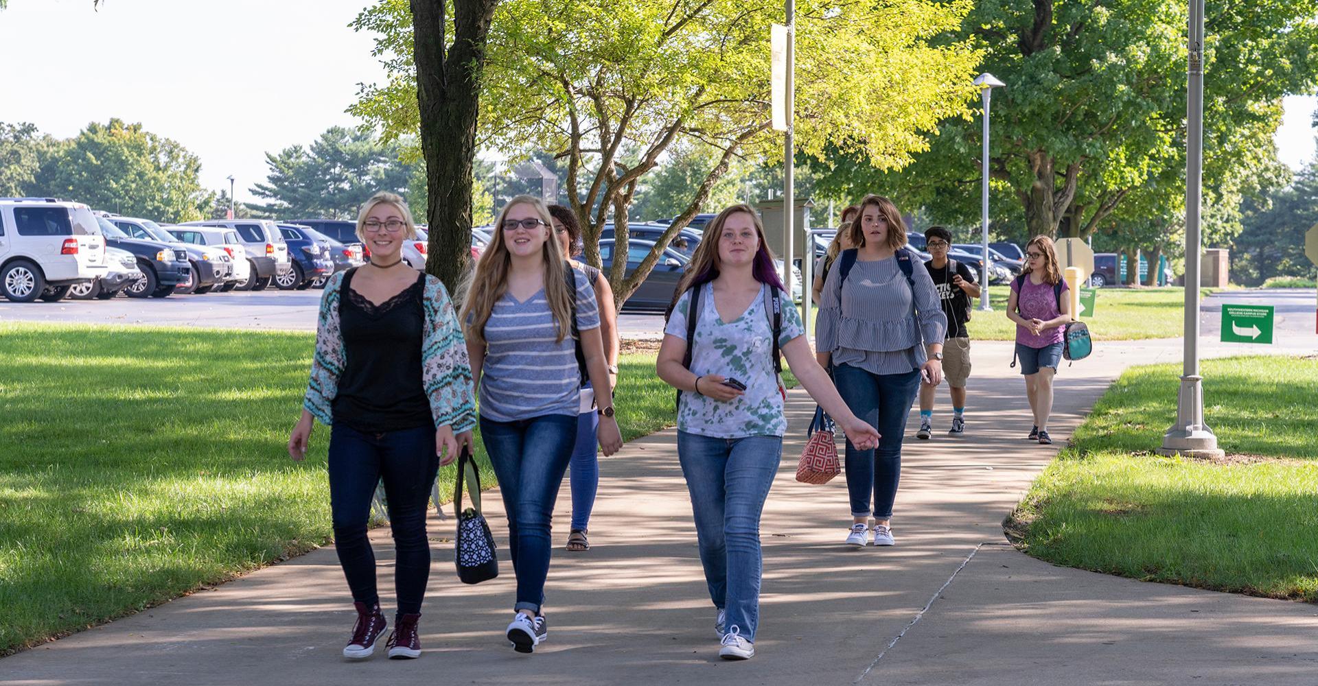Students walking across campus